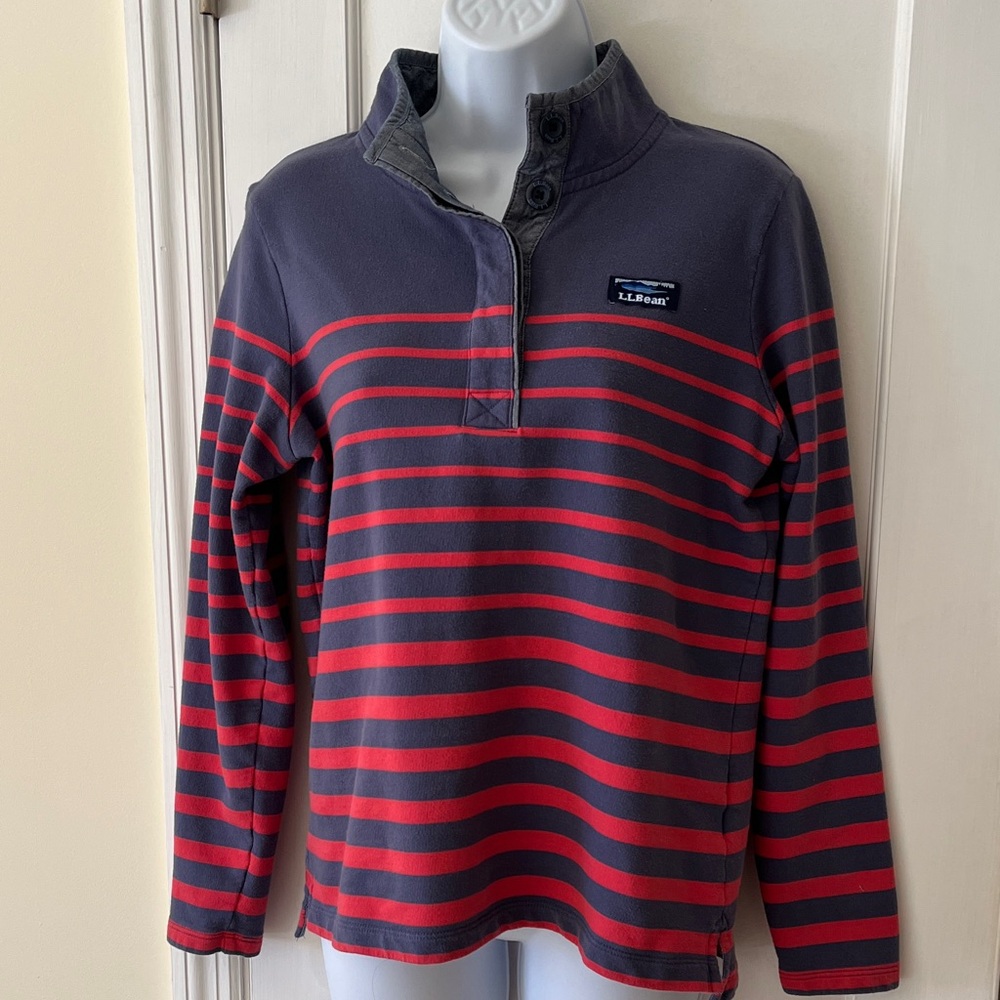 L.L. Bean Striped Pullover Sweatshirt Buttons Women's S Gray Red Active Preppy